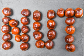 Word nut is laid out with large ripe brown chestnuts on a gray stone board close up