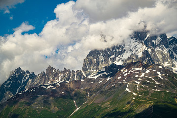 Close-up on the rugged ridge of Mount Ushba. Svaneti, Georgia. Dramatic Caucasus mountain view from Guli Pass during Mazeri-Mestia trek.