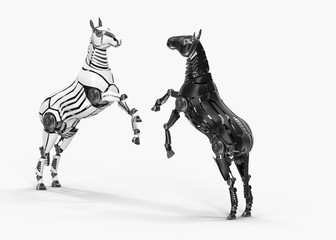 Mechanical horses on white backgroud . 3d render
