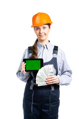 Builder engineer woman holding money and a tablet in her hands. Offer of construction or repair services. Isolated