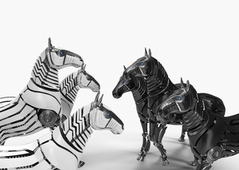 Fototapeta na wymiar Mechanical horses on white backgroud . 3d render