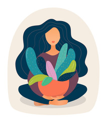 harmony with nature. young woman with long dark hair is sitting in lotus pose and holding a flowerpot with  big green house plant, flat vector illustration isolated on white