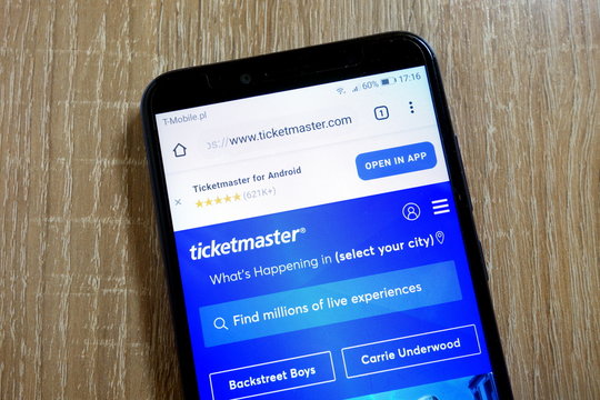 KONSKIE, POLAND - January 10, 2019: Ticketmaster website (www.ticketmaster.com) displayed on smartphone
