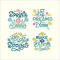 Set of Springtime Phrase Quote Vector Illustration with handwriting and Flowers Blossom