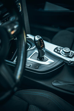 close up of shift knob of a car