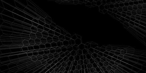 Perspective grid hexagonal surface.Linear 3d illustration.