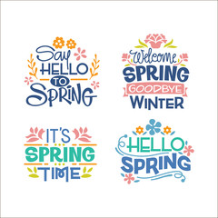 Set of Springtime Phrase Quote Vector Illustration with handwriting and Flowers Blossom