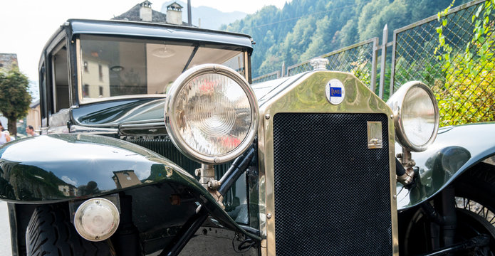 Antique car: Lancia Lambda at the international classic car rally in Fobello, the birthplace of Vincenzo Lancia, the founder of the car company. Fobello, Italy, September 03, 2016.