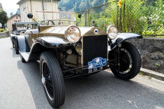 Antique car: Lancia Lambda at the international classic car rally in Fobello, the birthplace of Vincenzo Lancia, the founder of the car company. Fobello, Italy, September 03, 2016.