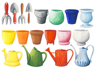 A set of garden tools for growing flowers. Cute, colorful gouache illustrations. Pot, watering can, rake, shovel, bucket. Isolated on a white background. © Анна Сухова