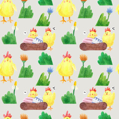 seamless pattern with yellow chickens in a nest with eggs, grass, flowers