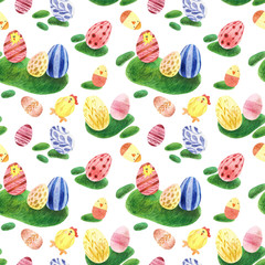 seamless pattern with colored easter eggs on grass bunches