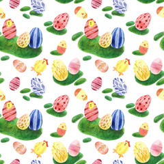 seamless pattern with colored easter eggs on grass bunches