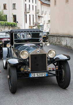 Antique car: Lancia Lambda at the international classic car rally in Fobello, the birthplace of Vincenzo Lancia, the founder of the car company. Fobello, Italy, September 03, 2016.