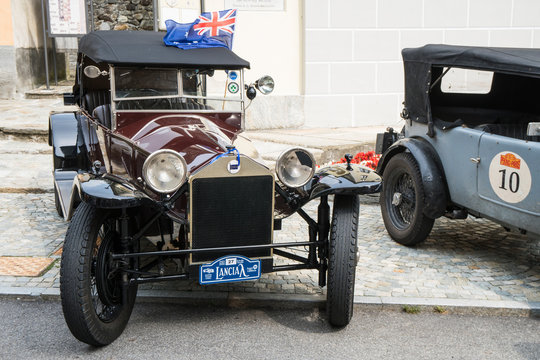 Antique car: Lancia Lambda at the international classic car rally in Fobello, the birthplace of Vincenzo Lancia, the founder of the car company. Fobello, Italy, September 03, 2016.