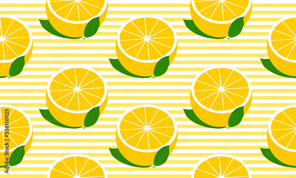 Aufkleber seamless background with stripes and half grapefruit with leaves. vector fruit design for pattern or