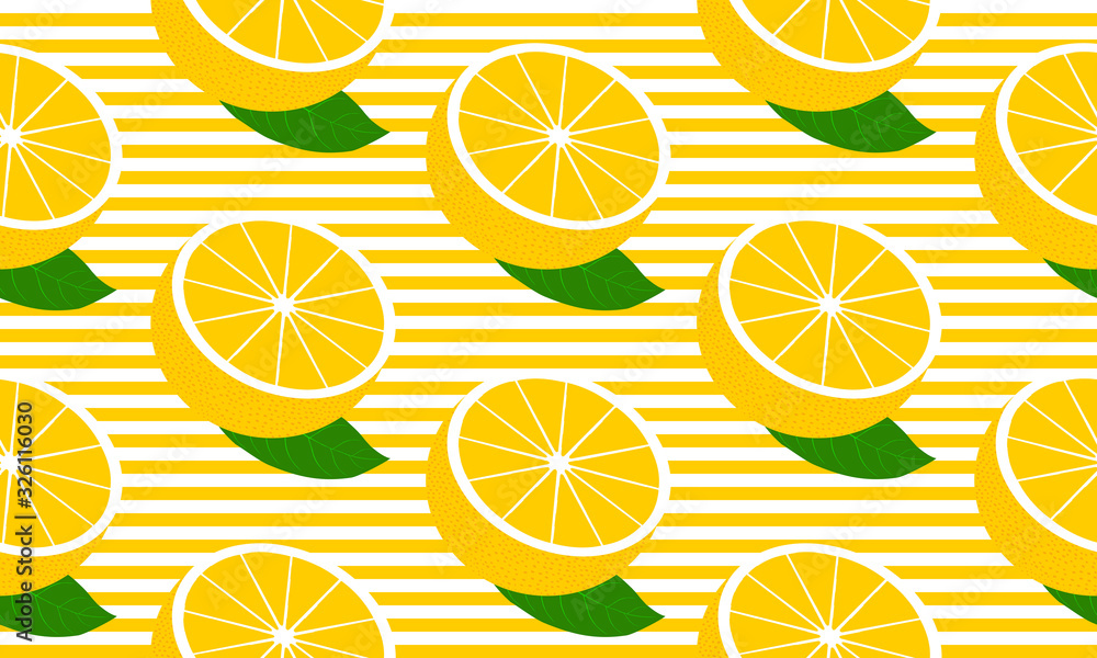 Aufkleber seamless background with stripes and half grapefruit with leaves. vector fruit design for pattern or