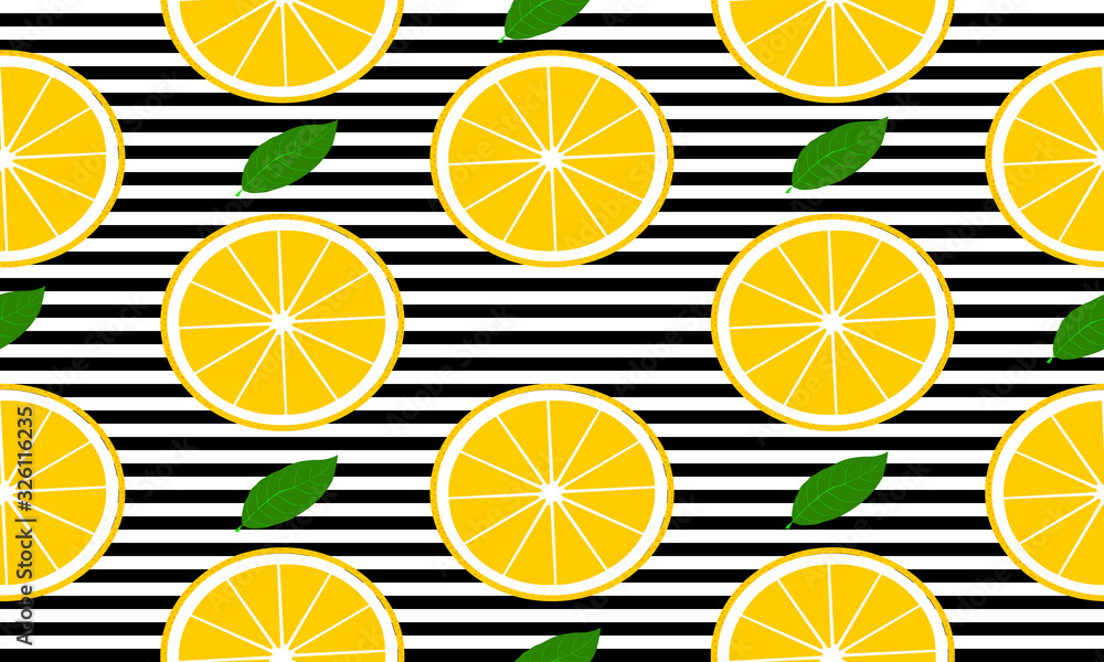 Aufkleber seamless background with black stripes and slices grapefruit with leaves. vector fruit design for pa