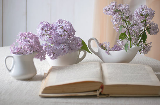 Room interior with lilacs flower in vase and old vintage open fairytale book on table and curtain on wall, tender romantic spring home decor in morning light, soft focus, reading literature concept.