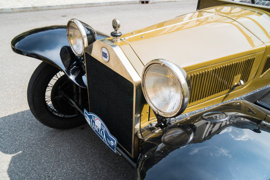 Antique car: Lancia Lambda at the international classic car rally in Fobello, the birthplace of Vincenzo Lancia, the founder of the car company. Fobello, Italy, September 03, 2016.