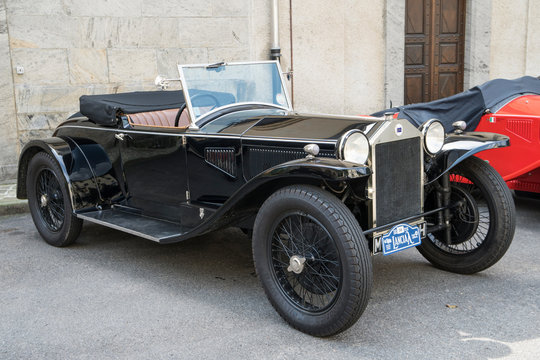 Antique car: Lancia Lambda at the international classic car rally in Fobello, the birthplace of Vincenzo Lancia, the founder of the car company. Fobello, Italy, September 03, 2016.