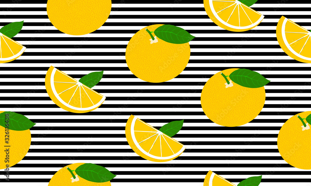 Aufkleber seamless background with black stripes and whole and slices grapefruit with leaves. vector fruit des