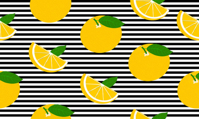 Seamless background with black stripes and whole and slices grapefruit with leaves. Vector fruit design for pattern or template.