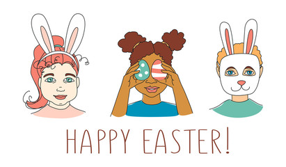 Fototapeta premium Diverse Kid's Children's heads Happy Easter Greeting card