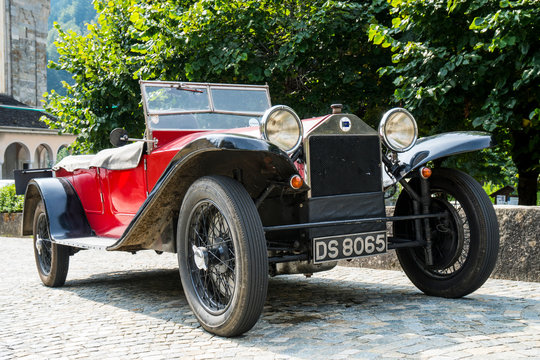Antique car: Lancia Lambda at the international classic car rally in Fobello, the birthplace of Vincenzo Lancia, the founder of the car company. Fobello, Italy, September 03, 2016.
