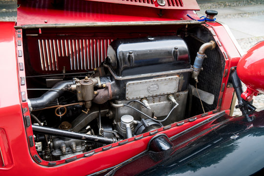 Fobello, Italy - September 03, 2016: Detail of the engine of a classic car, Lancia Lambda model, that was produced from 1923 to 1931.