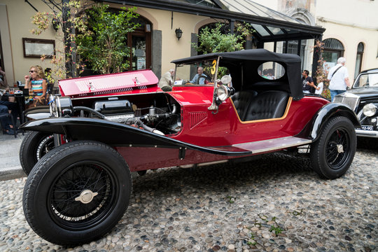 Antique car: Lancia Lambda at the international classic car rally in Fobello, the birthplace of Vincenzo Lancia, the founder of the car company. Fobello, Italy, September 03, 2016.