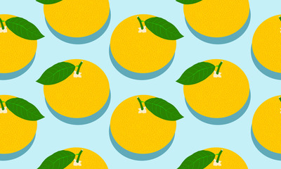 Seamless blue background with grapefruit with shadow. Vector fruit design for pattern or template.