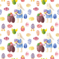 seamless pattern with easter hare, cart with eggs, chickens, colored eggs