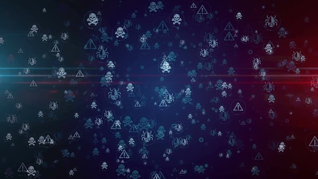 Cyber ​​attack, crime, cybercrime, security alert, hacking, virus and computer protection symbols seamless and loopable digital background. Abstract bubble icons concept animation 3d rendering.