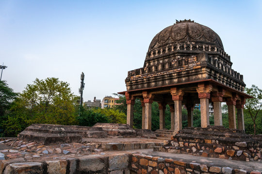Daylight sky view of the Jamali Kamali Mosque, Mehrauli Archaeological Park loacted in Mehrauli, Delhi