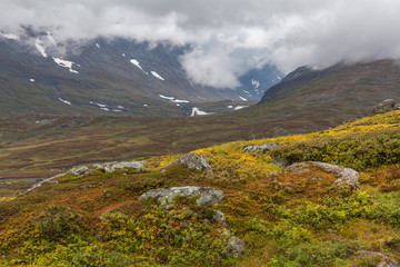 Sarek National Park in Lapland view from the mountain, autumn, Sweden, selective focus