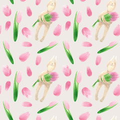 seamless pattern with rabbit and a bouquet of tulips