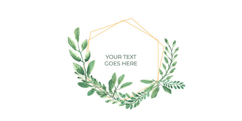 Green leaves floral watercolor frame border for wedding invitation background.