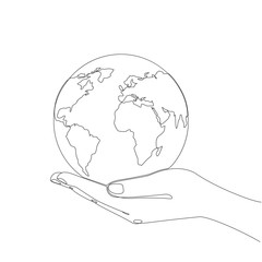 World in the palm of hand one line drawing on white isolated background. Vector illustration