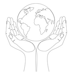 Hands hold the world one line drawing on white isolated background. Vector illustration