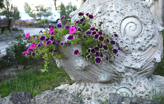  stone flower garden on the streets where summer flowers grow, landscape design