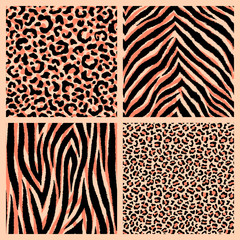 Set of realistic detailed animal skin fur seamless patterns. Exotic natural backgrounds. Leopard, tiger, jaguar prints.