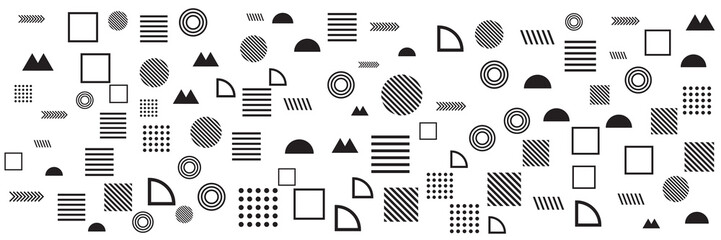 Black white abstract circle dot mountain triangle square memphis background for wide banner