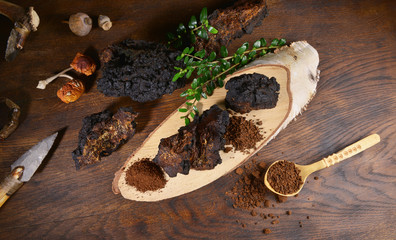 Chaga Mushroom on a wooden Table - Healthy Nutrition