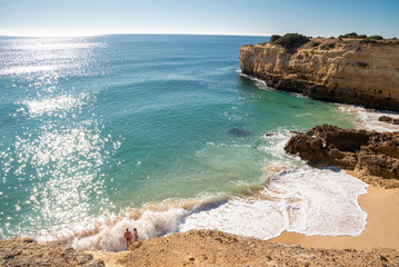 high cliffs on the shore of the Atlantic Ocean. Portugal. Algarve.