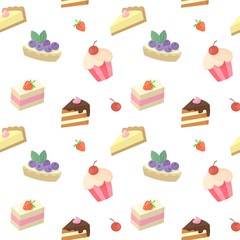 Seamless vector cake pattern. Colorful desserts background.