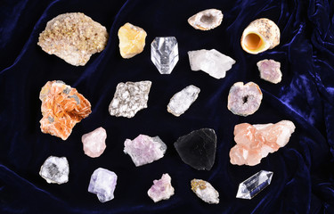Collection Set of Mineral Stones on blue Satin Background
