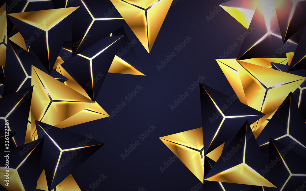 Poster abstract dark blue polygonal pattern with 3d crystal triangles texture a combination line light gold