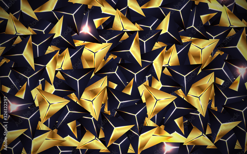 Poster abstract dark blue polygonal pattern with 3d crystal triangles texture a combination line light gold