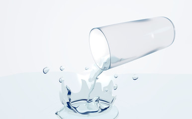 The glass is transparent. Water in a glass pours, splashes of water, drops. 3D-rendering